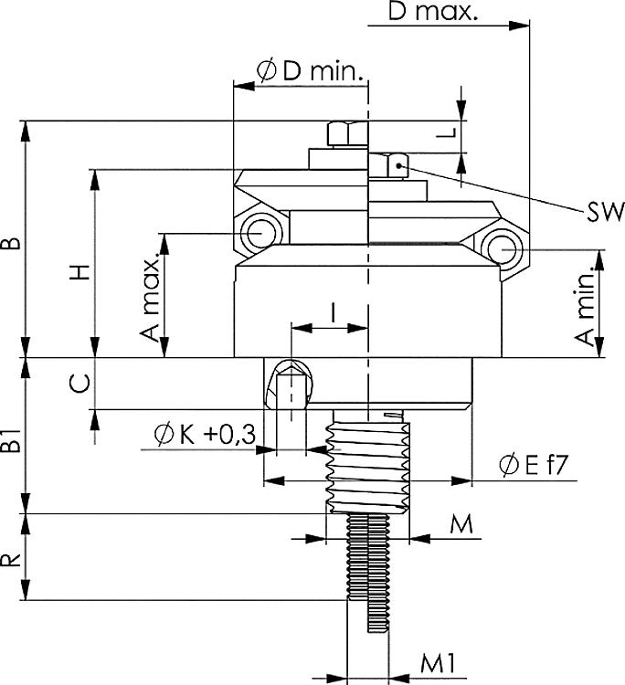 AMF 6383ZUS-14 Zentrierspanner mit Schutz-Segmenten, D min.: 14,5, D max.: 18,5, H: 14,5, P: 3,5 kN - LE 6383ZUS Zentrierspanner mit Schutz-Segmenten -Skizze