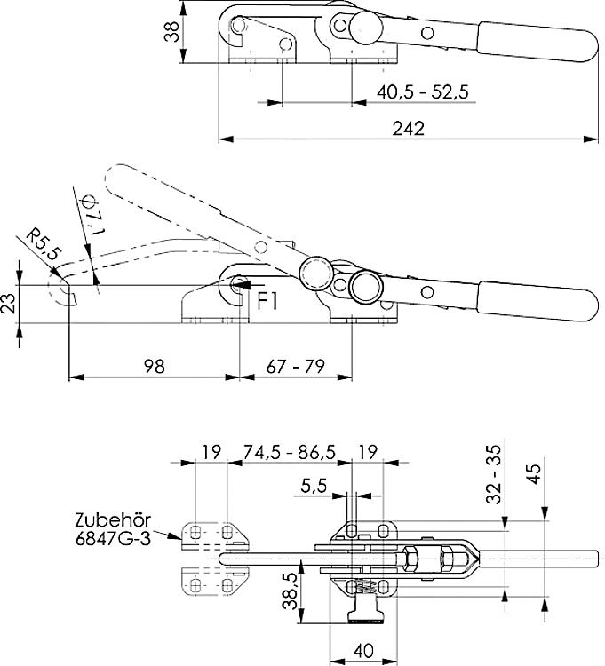 AMF 6847S-3 Verschlussspanner mit Sicherheitsverriegelung, Größe : 3, F1: 3 kN - LE 6847S Verschlussspanner mit Sicherheitsverriegelung -Skizze