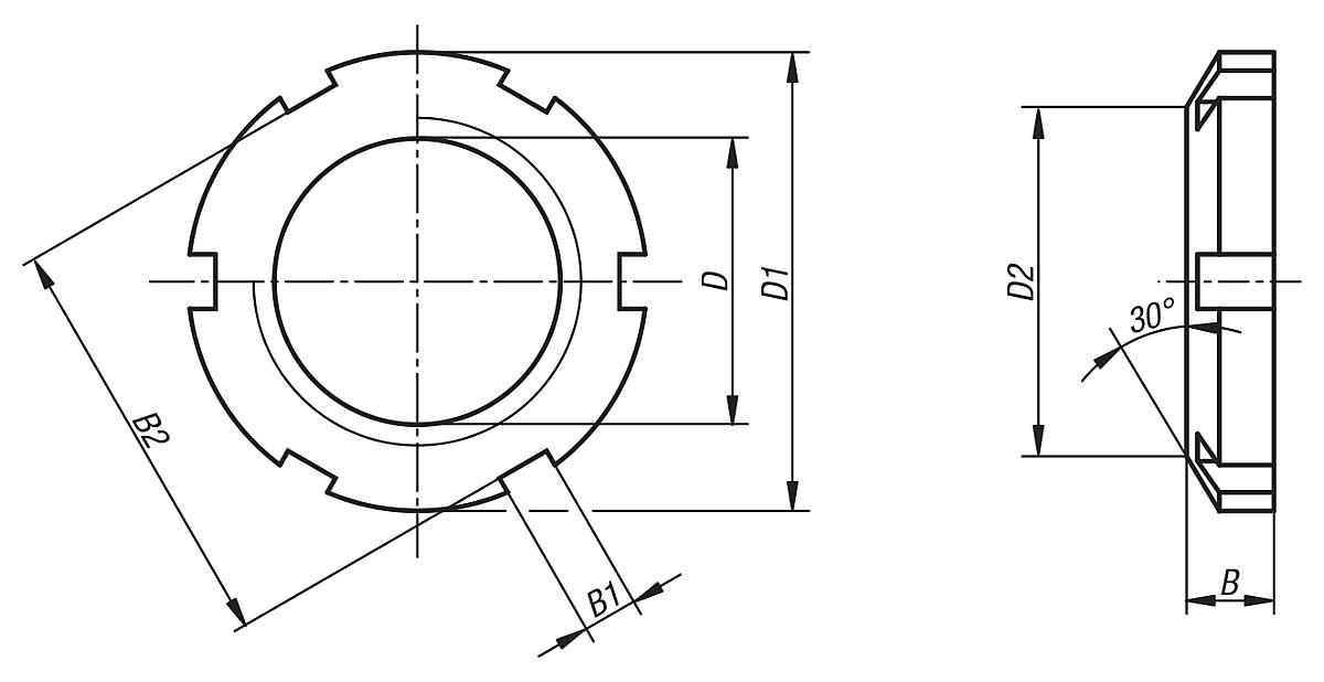 Norelem 33105-36 NUTMUTTER D=M36X1,5 D1=52, VERGÜTUNGSSTAHL, B=9 - NLM 33105 Nutmuttern - Massblatt