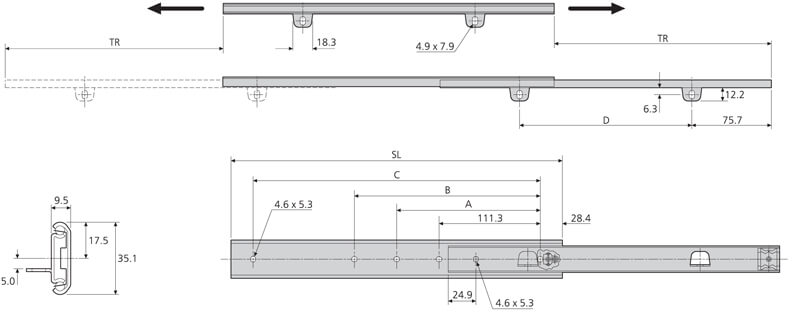Accuride DZ2002-0020-2 Teleskopschienen 75% Teilauszug, Auszug in beide Richtungen, 9,5x35,1, SL 508,TR 373,9, 32kg, hell verzinkt - 2002 technische Zeichnung