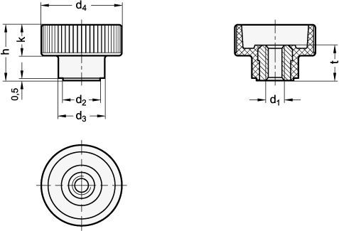Ganter 420-M10-NI  Rändelhohlmuttern mit Edelstahl-Buchse, Innengewinde d1: M 10, d2: 16, d3: 18 - GN 420 Raendelhohlmuttern mit Edelstahl-Buchse - Massblatt