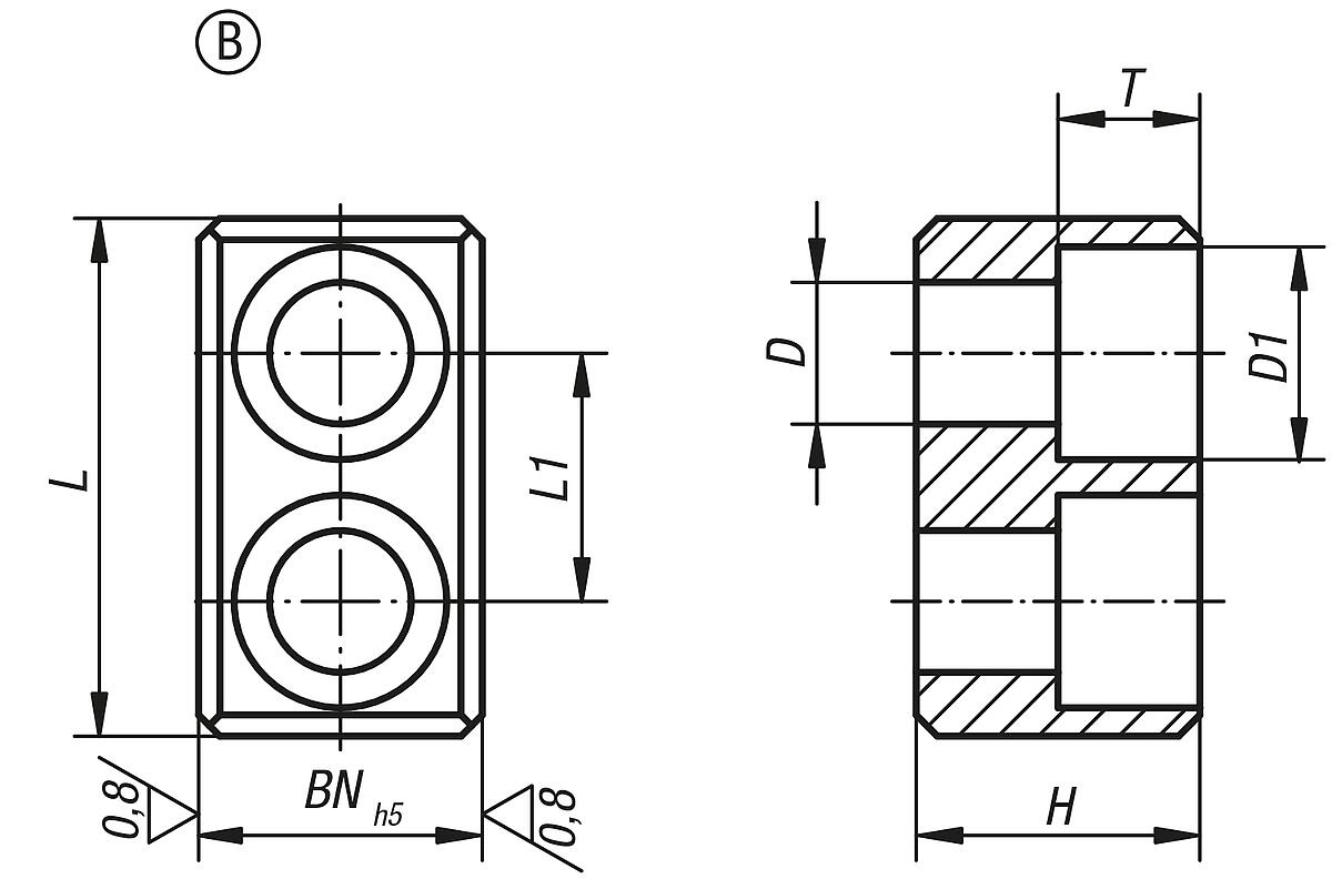 Norelem 03290-06 MITNEHMERSTEIN B, K=45,5 B=25,4 H=25 - NLM 03290-B Mitnehmersteine DIN 2079 Form B - Massblatt