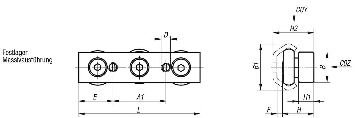 Norelem 21320-230080 ROLLENFÜHRUNGSWAGEN, FESTLAGER IN MASSIVAUSFÜHRUNG - LE 21320-FM Festlager Rollenfuehrungswagen - Massivausfuehrung - Massblatt
