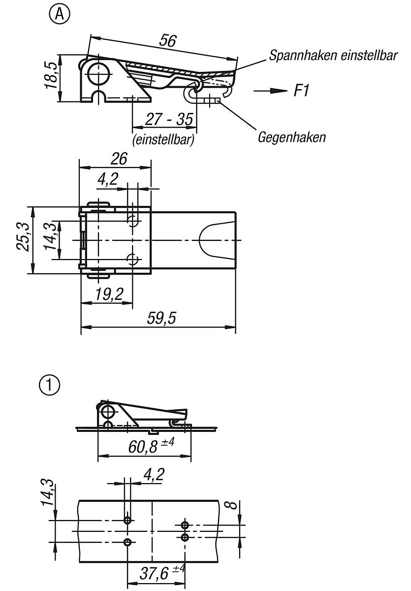 Kipp K0047.1420601 SPANNVERSCHLUSS EINSTELLBAR, FORM A, STAHL - K0047-SVA Spannverschluesse einstellbar Anschraubbohrungen verdeckt Form A - Massblatt
