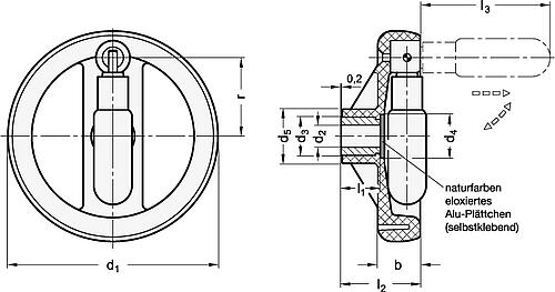 Ganter 522.6-200-K16-R Umleggriff Handräder, Kunststoff, Buchse / Umlegmechanik Edelstahl - GN 522-6 Umleggriff Handraeder - Kunststoff - Buchse - Umlegmechanik Edelstahl-Skizze