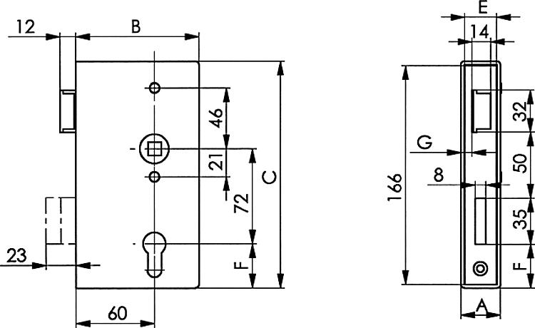 AMF 140PGN-30Z DIN L Schlosskasten, blank, Kastenbreite A: 30 mm, B: 94,0 mm, C: 172 mm - LE 140PGN Schlosskasten - blank-Skizze
