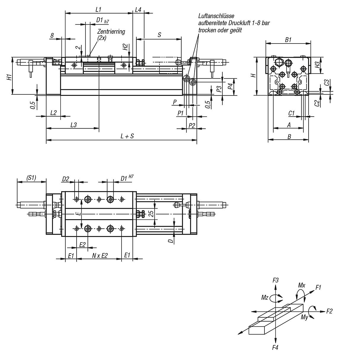 Norelem 20200-2090X0500 PORTALMODUL PNEUMATISCH, MIT RUNDFÜHRUNG, GR.90, C=500 - NLM 20200 Portalmodule pneumatisch mit Rundfuehrung - Massblatt