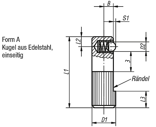 Kipp K0374.008 FEDERNDES SEITENDRUCKSTÜCK FORM A, D1=8, L1=25 - KIPP K0374-A Federnde Seitendruckstuecke - Form A