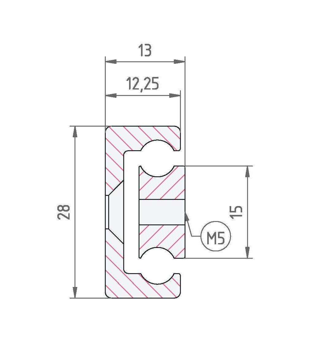 Leschhorn HPCT 2813-0130-GS-B-ST Hochpräzise Schwerlast-Teleskopschienen, C-Profil 28x13, Teilauszug, AL=74, GS: Gewinde M5/Senkbohrung für M5, Ausführung B, Lastwert 60kg, Stahl verzinkt - LE HPCT-2813 Profil Schnitt