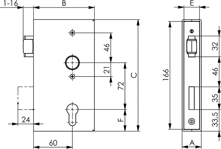 AMF 140R-30ZW Schlosskasten mit Rollfallen-Riegelschloss, blank, Kastenbreite A: 30 mm, Schließung: PZW, B: 94,0 mm - LE 140R Schlosskasten - Rollfallen-Riegelschloss - blank -Skizze