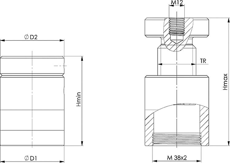 AMF 6400G-100 Schraubbock mit flacher Auflage und Gewinde, Größe : 100, H min.: 70, H max.: 100, F max.: 100 kN - LE 6400G Schraubbock mit flacher AuflageundGewinde-Skizze