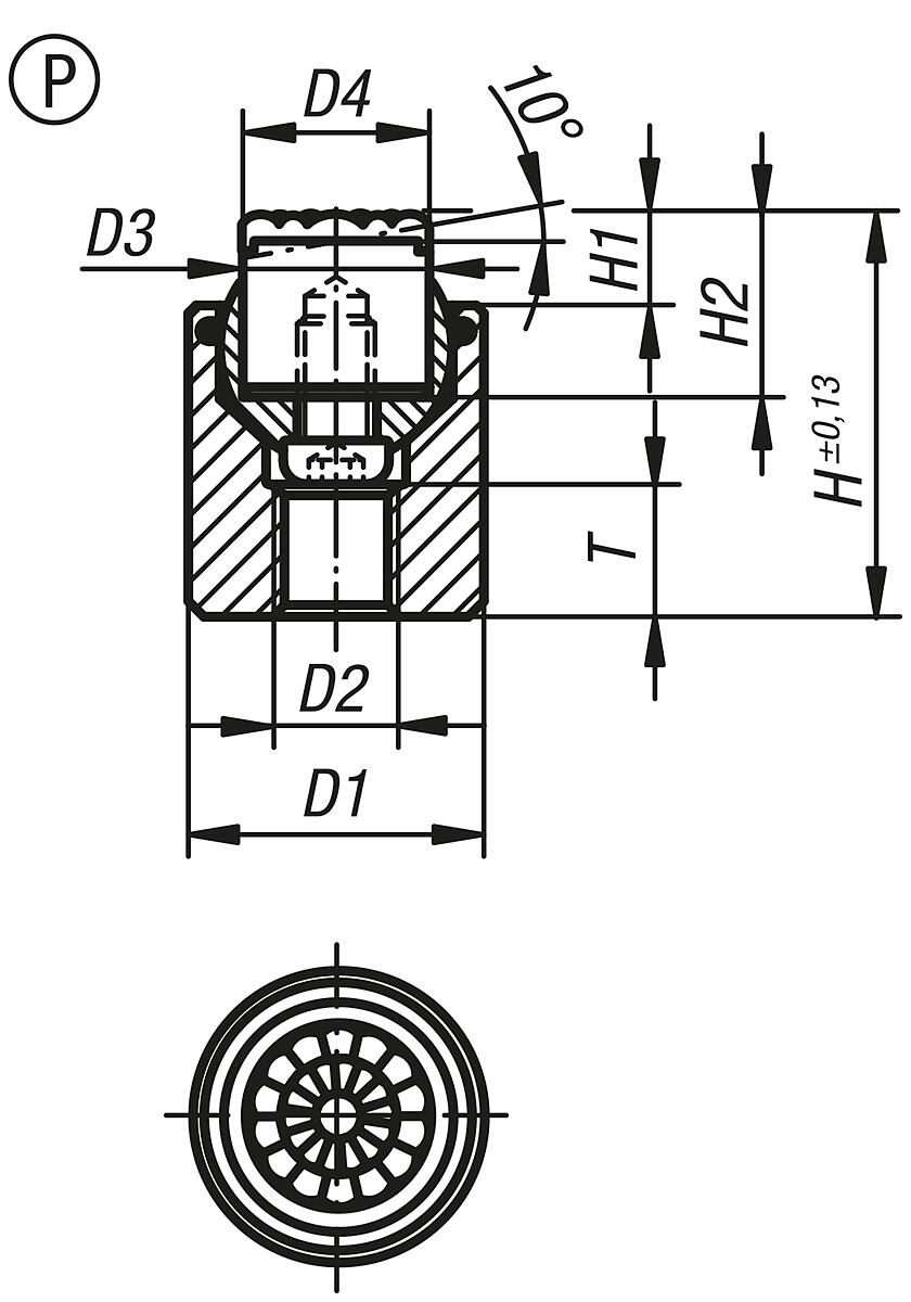 Kipp K0285.630X032 PENDELAUFLAGE FORM P MIT O RING D1=30, L1=32 - K0285-P Pendelauflagen mit O Ring und auswechselbaren Einsaetzen - Form P - Massblatt