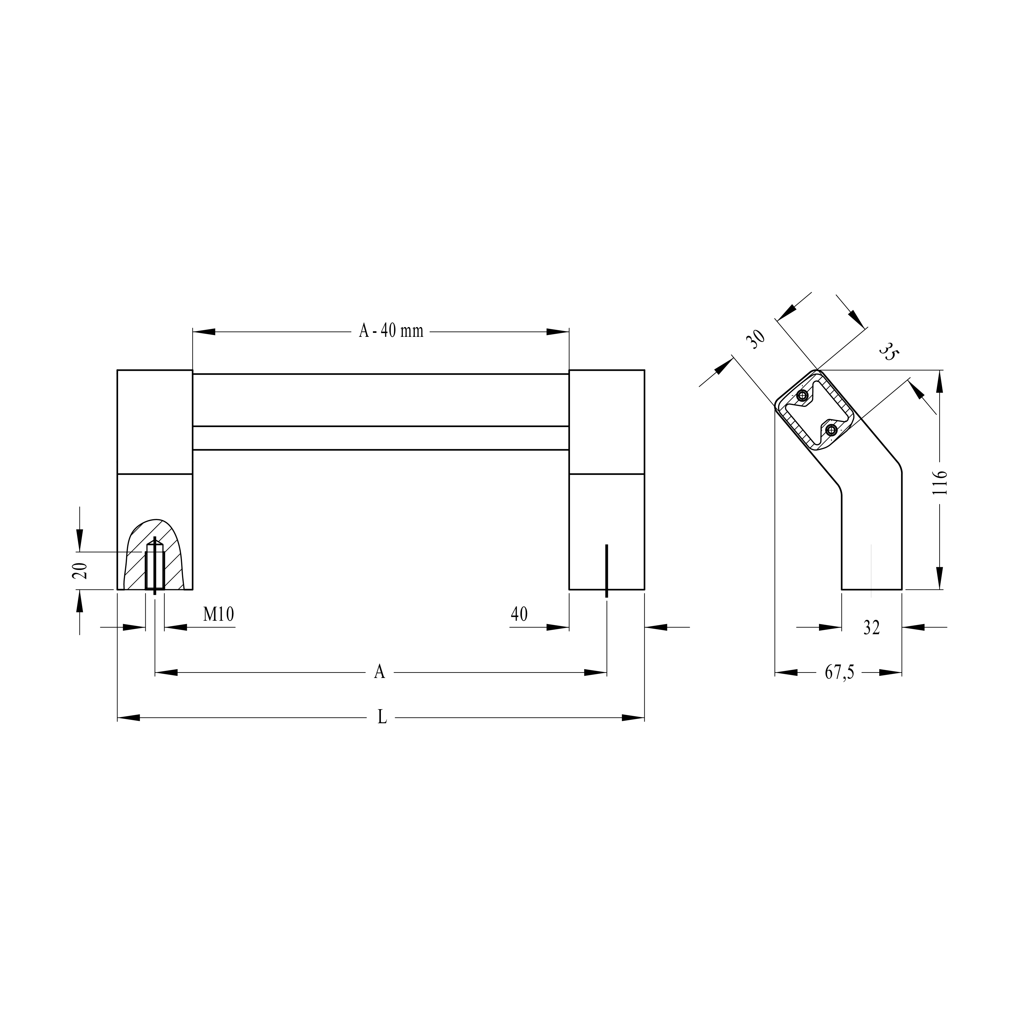 Leschhorn INMS-06-400-S14 stabile Maschinengriffe, A 400 mm, L 440 mm, Schenkel schwarz, Griffsteg schwarz, eloxiert - LE INMS-06 hochwerige Maschinengriffe - Massblatt