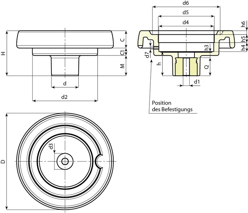 Leschhorn K900 Scheibenhandräder für Positionsanzeigen  D 129; d5 87 (S80/1); d1 6,8 H9 - Boteco K900 Speichenhandraeder fuer Positionsanzeigen