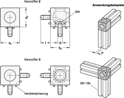 Ganter 33B-30308-2-C-ABSZS  Würfelverbinder, Aluminium, für Aluprofile (b-Baukasten), Werkstoff / Oberfläche (Gehäuse): AB - Aluminium, blank, Werkstoff / Oberfläche (Schrauben): SZ - Stahl, verzinkt, blau passiviert, Breite s1: 30 - GN 33b Wuerfelverbinder - Aluminium - fuer Aluprofile - b-Baukasten - Massblatt