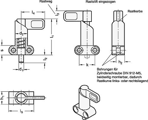 Ganter 612.9-6-16-16-SW Rastriegel mit Anschraubflansch - GN 612-9 Rastriegel mit Anschraubflansch-Skizze