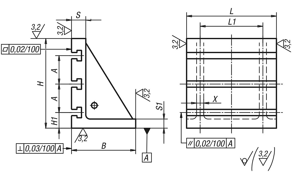 Norelem 01250-6306401 AUFSPANNWINKEL GG, MIT T NUTEN, L=630, B=350, H=640 - NLM 01250-MN Aufspannwinkel mit T Nuten - Grauguss - Massblatt