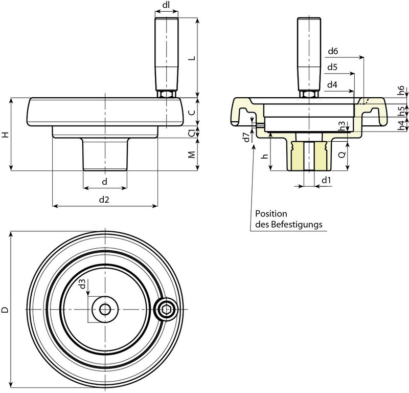 Leschhorn K902 Scheibenhandräder mit Griff für Positionsanzeigen  D 129; d5 87 (S80/1); d1 6,8 H9 - Boteco K902 Speichenhandraeder mit Griff fuer Positionsanzeigen