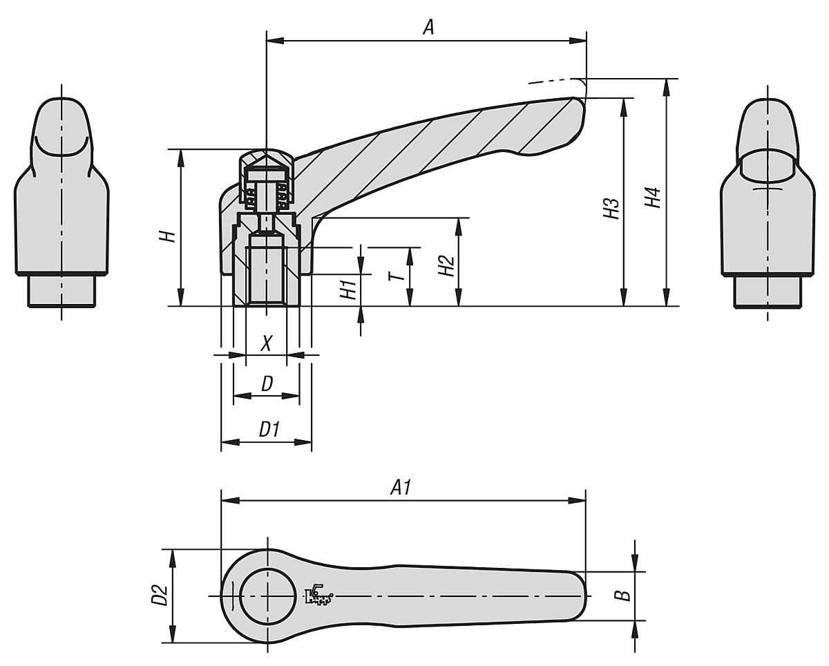 Kipp K0122.92061 KLEMMHEBEL GR.2 M6 MIT SCHUTZKAPPE, GRIFFHEBEL SCHWARZ SEIDENMATT - K0122 Klemmhebel mit Schutzkappe mit Innengewinde - Massblatt
