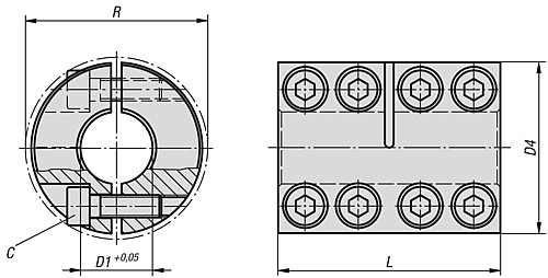 Norelem 23052-2140 STARRE KUPPLUNG GETEILT, EDELSTAHL, D1=14 - Norelem 23052 Starre Kupplungen geteilt