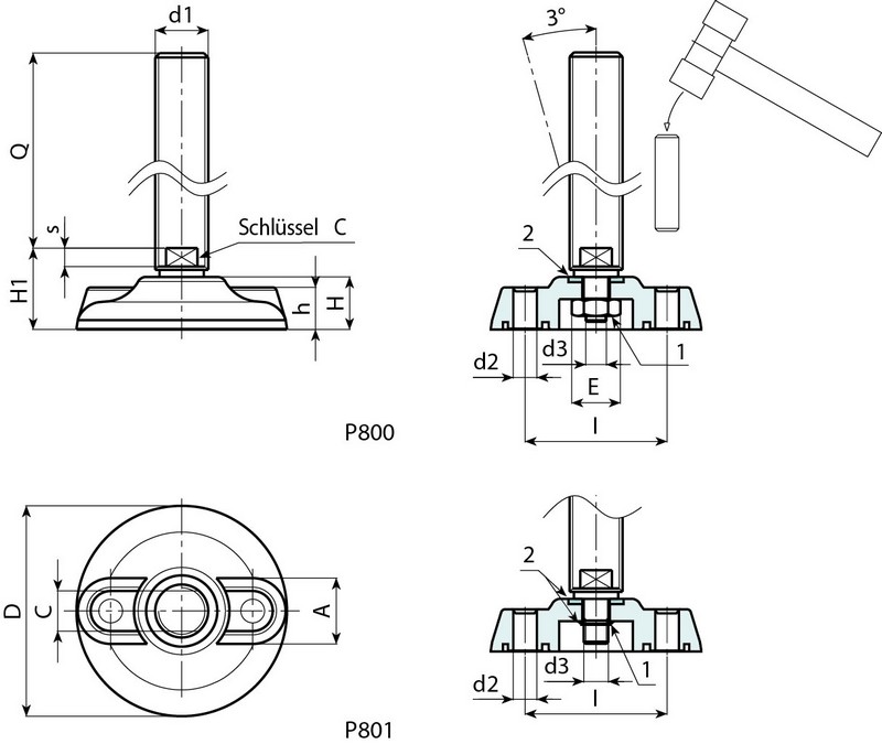 Leschhorn P801 P801 Stellfüße  D 105; C 17; Gewinde d1 M20; Kunststoff PA, schwarz, - Boteco P801 Stellfuesse