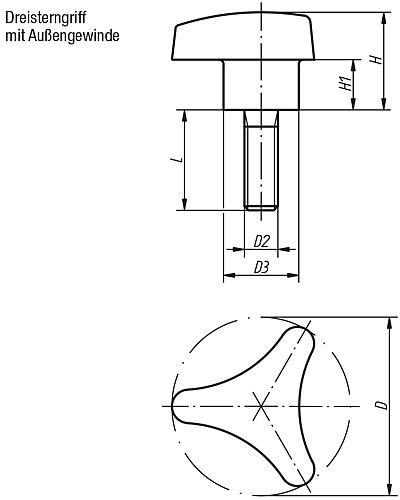 Kipp K0183.14006X15 DREISTERNGRIFF MIT HOHEM BUND, D=40  M6X15 - KIPP K0183-AG Dreisterngriffe mit hohem Bund - Ausse