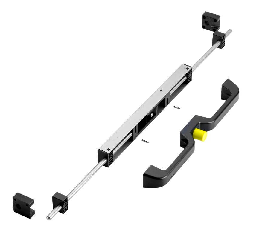 Accuride DBHAND-2 Verriegelungshebel mit Einhalterungsmechanismus 1x Hebel und Druckknopf gelb, 2x Stütz- Verriegelungsblöcke, Stifte, Knopfdruck-Kraft: 120N - DBHAND Bild