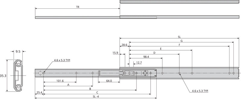 Accuride DZ0204-0022 Teleskopschienen 75% Teilauszug, 9,5x35,3, SL 559, TR 405, 40kg, hell verzinkt - 0204 Accuride Teleskopschiene technische Zeichnung