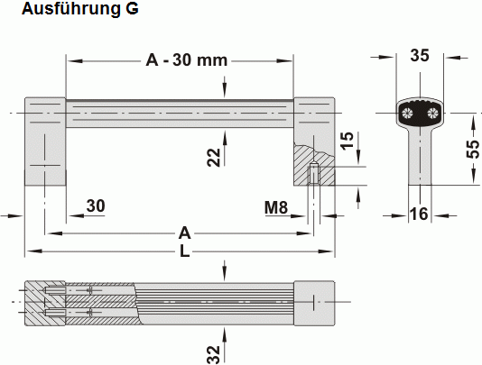 Leschhorn A2-32.G300.S01 massive Aluprof® Griffe mit geraden Alu-Schenkel Typ G, A 300 Schenkel schwarz/Steg natur Griff aus Einzelelementen, komplett montiert - Zeichnung - A2-32-G massive Aluprof Griffserien mit geradem Schenkel