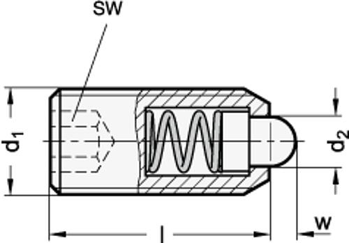 Ganter 615.4-M10-B FED.DRUCKSTÜCK MIT BOLZEN UND INNENSECHSKANT - GN 615-4 Federnde Druckstuecke - mit Bolzen - mit Innensechskant - Stahl - Edelstahl-Skizze