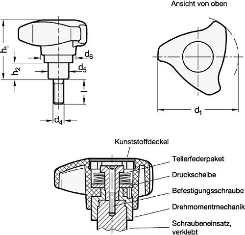 Ganter 3664-50-M10-32-4 Drehmoment Dreisterngriffschrauben - GN 3664 Drehmoment Dreisterngriffschrauben-Skizze