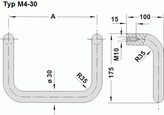 Leschhorn M4-30.500.11   abgewinkelte Kommandogehäuse Griffe Rohr Ø 30 mm A 500,  natur eloxiert - Leschhorn M4 Kommandogehaeuse Griffserie - abgewinkelte - Typ M4-30