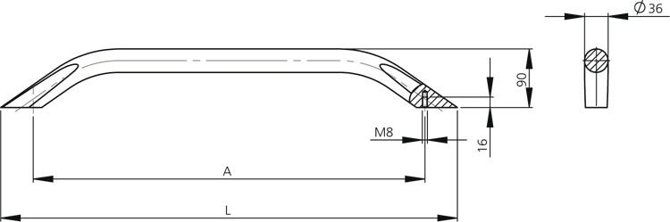 Leschhorn BG.36.1000.54 Bogengriffe Rundaluminium, A 1000, rückseitigen Anschrauben, pulverbeschichtet schwarz - LE BG-36 Bogengriffe - Rundaluminium - Technische Zeichnung