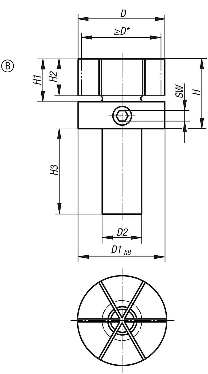 Kipp K0643.218053 SPANNDORN, - K0643-B Spanndorne mit seitlicher Klemmung - Form B - Massblatt