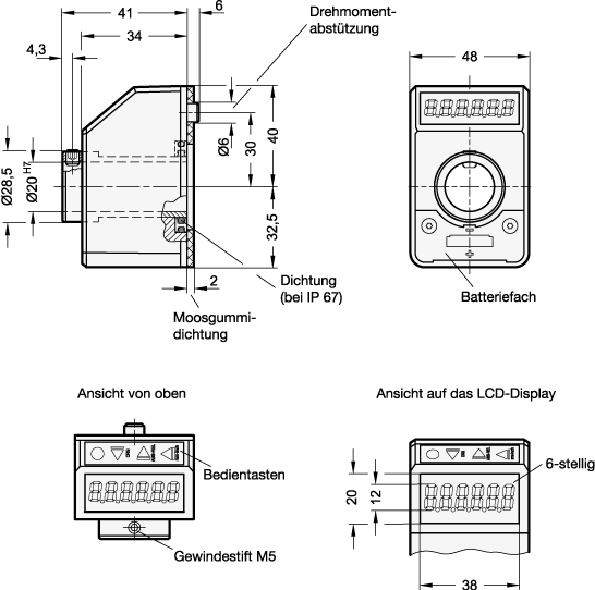 Ganter 9053-1-BL  Stellungsanzeiger, Kunststoff, 6-stellig, elektronisch, LCD-Display, Kennziffer: 1 - Schutzart IP 65, Farbe: BL - blau, RAL 5005, glänzend, Testspalte damit Form im InDesign erscheint: 1 - GN 9053 Stellungsanzeiger - Kunststoff - 6-stellig - elektronisch - LCD-Display - Massblatt