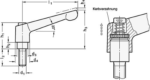 Ganter 300.1-45-M6-32-SW VERSTELLB.KLEMMHEBEL, EDELSTAHL, SCHWARZ - GN-300-1-Verstellbare-Klemmhebel-Zink-Druckguss-Schraube-Edelstahl-Skizze
