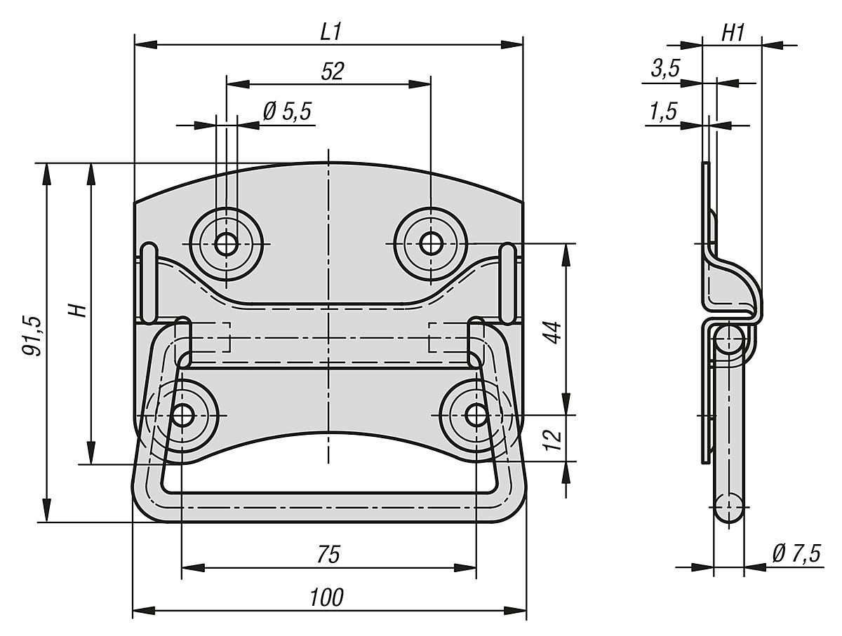 Norelem 06970-01-100 KLAPPGRIFF DIN3136, ANSCHRAUBBAR, L1=100, H=77 EDELSTAHL 1.4301 BLANK - NLM 06970-01 Klappgriff DIN 3136 - Massblatt