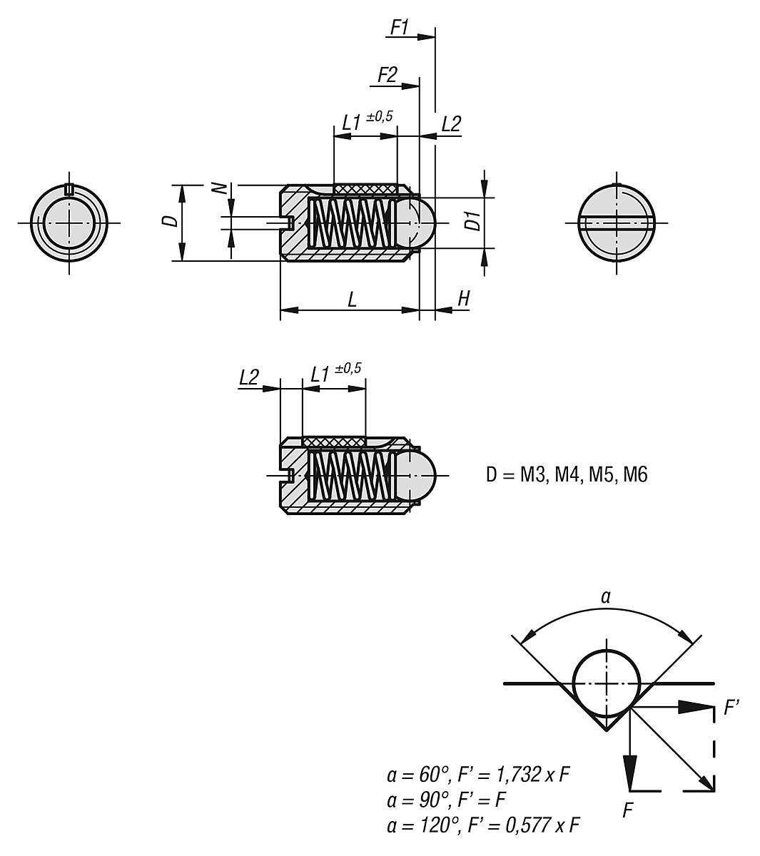 Norelem 03001-12 FEDERNDES DRUCKSTÜCK  M12, KUGEL, LONG LOK - NLM 03001 Federnde Druckstuecke-Schlitz-Kugel-Standard Federkraft-LONG LOK-Massblatt