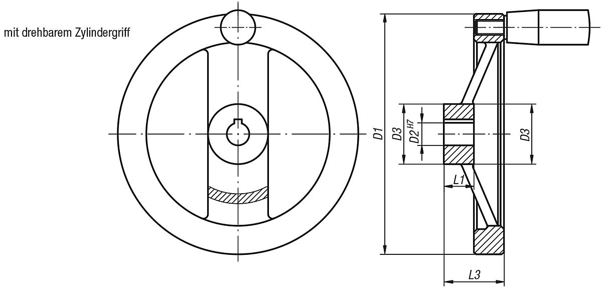 Norelem 06277-5250X26 2 SPEICHENHANDRAD ALU, DREHB.GR.M.NUT, D1=250, D2=26 - NLM 06277-MDG 2 Speichenhandraeder Aluminium-gerader Radkranz-drehb Zylindergriff-Massblatt
