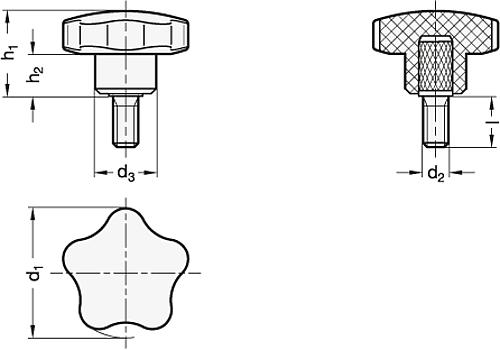 Ganter 5337.5-60-M12-50 Sterngriffschrauben mit Edelstahl Gewindestift, Duroplast - GN 5337-5 Sterngriffschrauben mit Edelstahl Gewindestift - Duroplast-Skizze