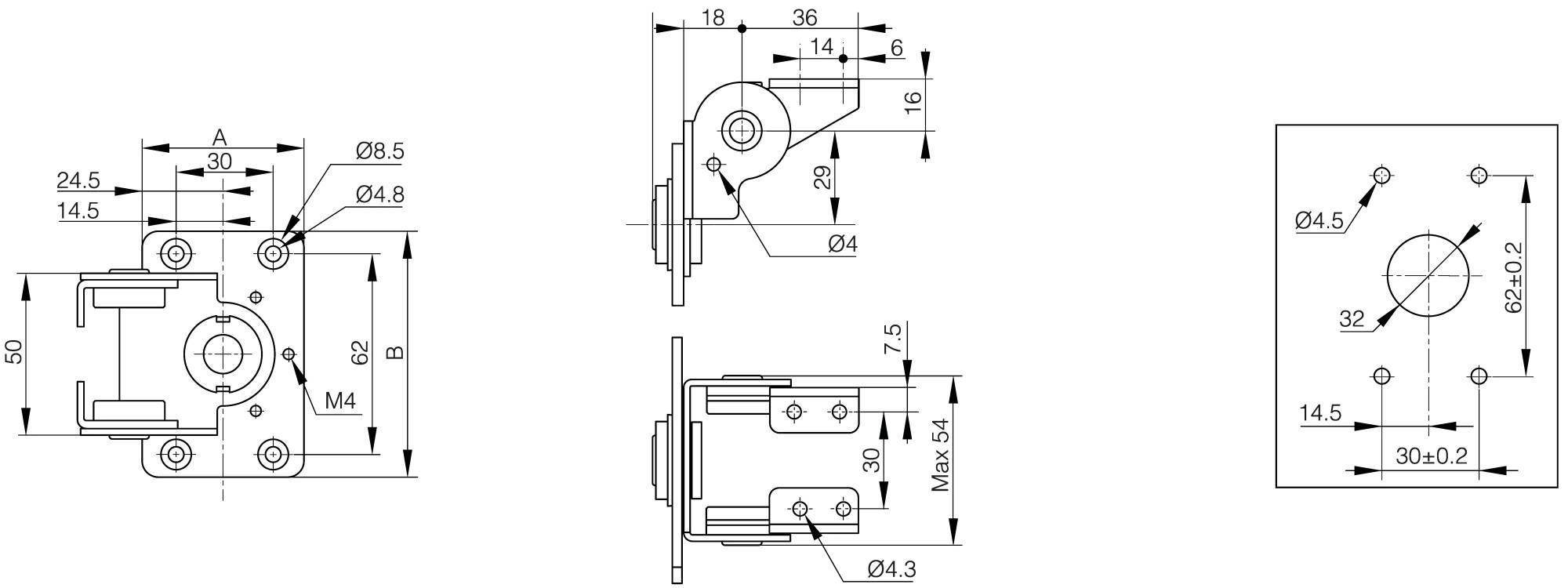 Leschhorn 70-7-3621 2-Achsiges Drehmomentscharnier, groß 50x76mm - LE 70-7-3621 2-Achsiges Drehmomentscharnier - Gross 50x76mm-Skizze