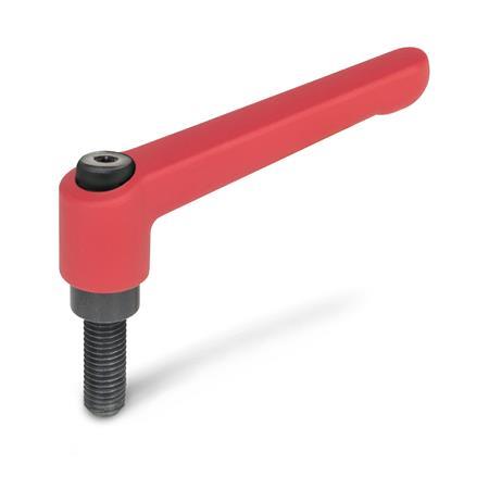 Ganter 300-45-M6-50-RS Verstellbare Klemmhebel, Zink Druckguss, Schraube Stahl brüniert - GN-300-Verstellbare-Klemmhebel-Zink-Druckguss-Einsatz-Stahl-brueniert-mit-Aussengewinde-RS-rot-RAL-3