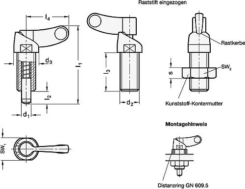 Ganter 672-6-M12X1,5-A-NI EDELSTAHL RASTRIEGEL MIT KUNSTSTOFF FÜHRUNG - GN 672 Rastriegel - Fuehrung Kunststoff-Abbildung