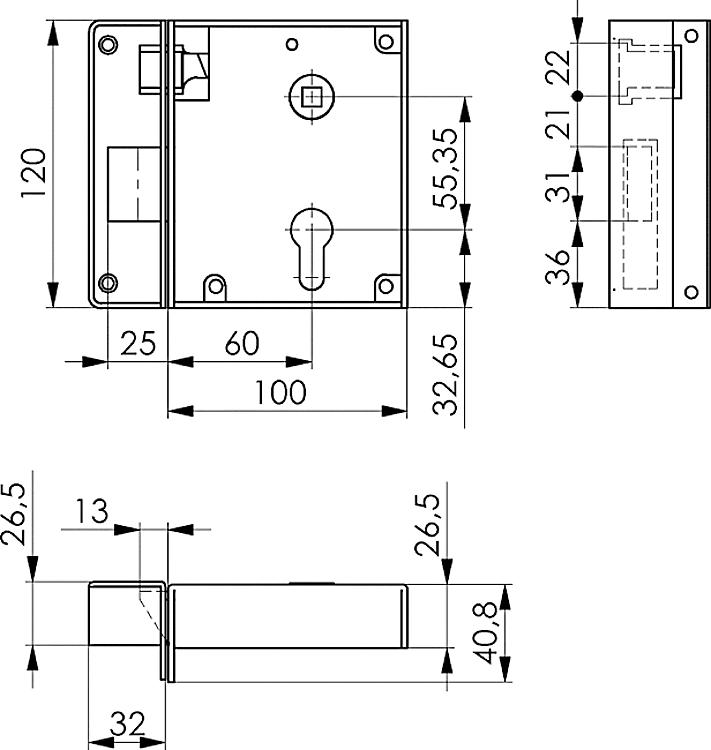 AMF 2 ZW-26 L Schweres Schließkappenschloss einwärts, Kastenbreite: 100 mm, Schließung: PZW, Dorn: 60 mm - LE 2ZW-26 Schweres Schliesskappenschloss einwaerts-Skizze