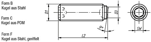 Kipp K0383.2046 KUGELDRUCKSCHRAUBE FORM B, OHNE KOPF, D1=M4, L2=5,8 - KIPP K0383 Kugeldruckschrauben ohne Kopf mit abgeflachter Kugel