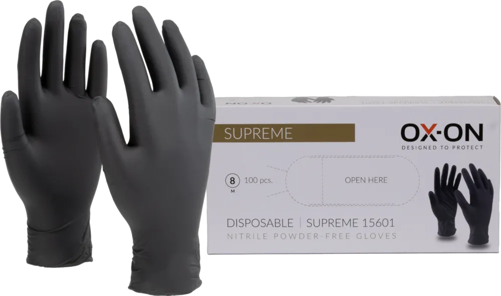 OX-ON 22477 Supreme Einweg-Handschuhe 15601, Größe S (7), Nitril, Farbe: schwarz, 100 Stück pro Box - OX-ON 15601 Supreme Einweg-Handschuhe, schwarz, für Werkstätten, Sanitaerarbeiten und Industrie-Abb1