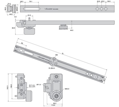 Accuride DA4190-0060-4 600mm  Alu- Schiene Kippwinkel wird bei der Montage eingestellt - Accuride Da4190 Teleskopschiene mit Kippsystem - Zeichnung