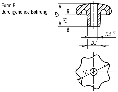 Norelem 06192-280162 STERNGRIFF FORM B, D1=80, D4=16H7, ALU, POLIERT - Norelem 06192-B Sterngriffe aehnlich DIN 6336 aus Aluminium - Form B