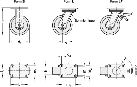 Ganter 22892-125-K-B-H-ST  Schwerlastrollen, Polyamid, schwere Ausführung, Raddurchmesser d1: 125, Lagerart: K - Kugellager, Form (Gehäuse): B - Bockrolle - GN 22892 Schwerlastrollen - Polyamid - schwere Ausfuehrung - Massblatt