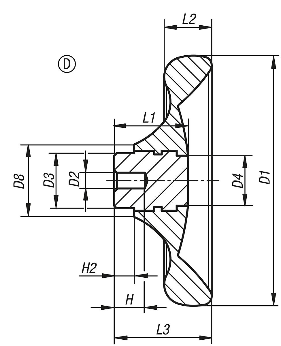 Norelem 06288-2125X08 SCHEIBENHANDRAD OHNE GRIFF    EDELSTAHL, FORM D, D=125, D5=8 - NLM 06288-D Scheibenhandraeder ohne Griff - Buchse Edelstahl - Form D - Massblatt